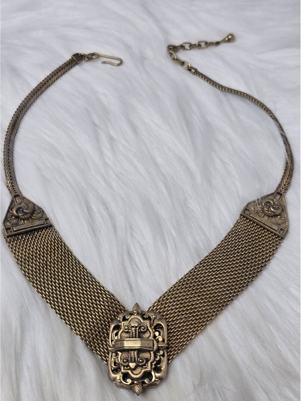 Vintage Victorian Revival Brass Mesh Bib Necklace Buckle 16"